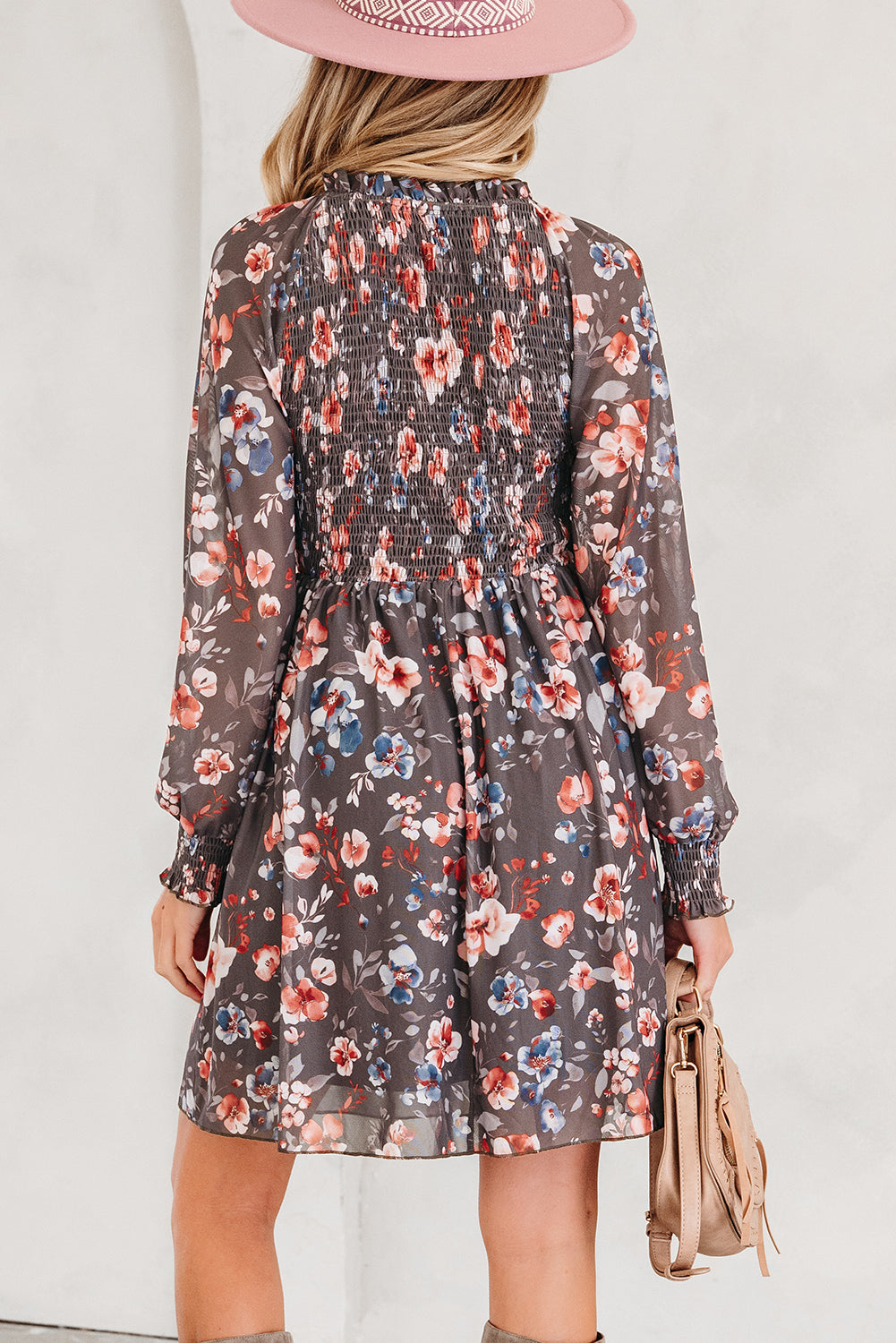 Brown Frilly Smocked Bodice Floral Mesh Long Sleeve Mini Dress