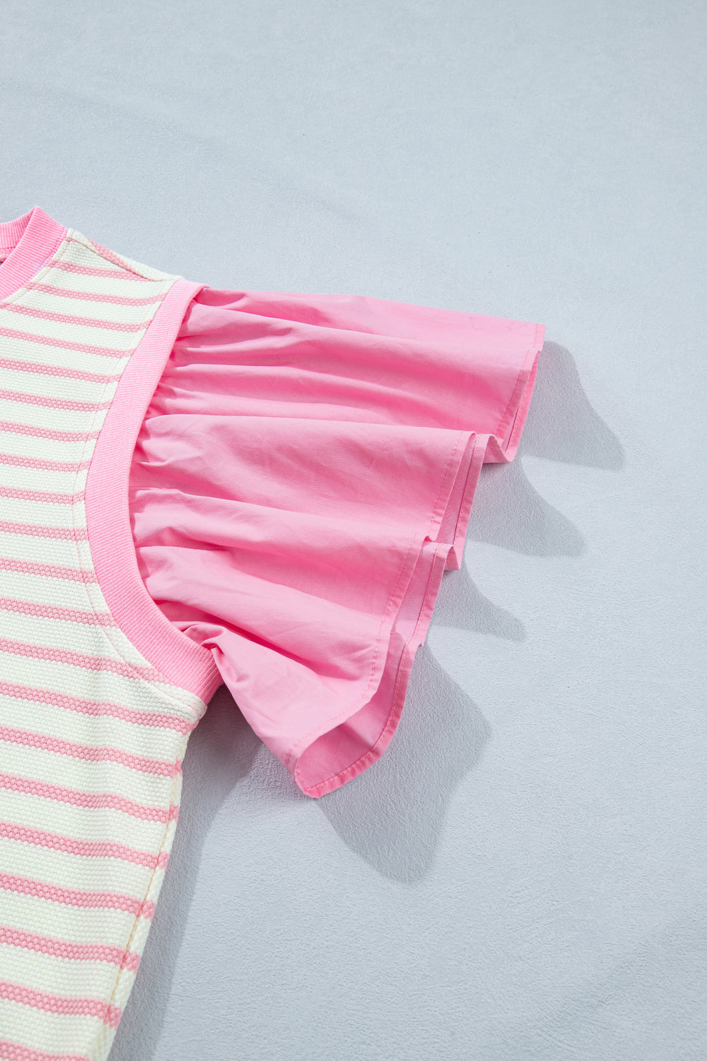 Pink Stripe Ruffled Short Sleeve Patchwork Blouse