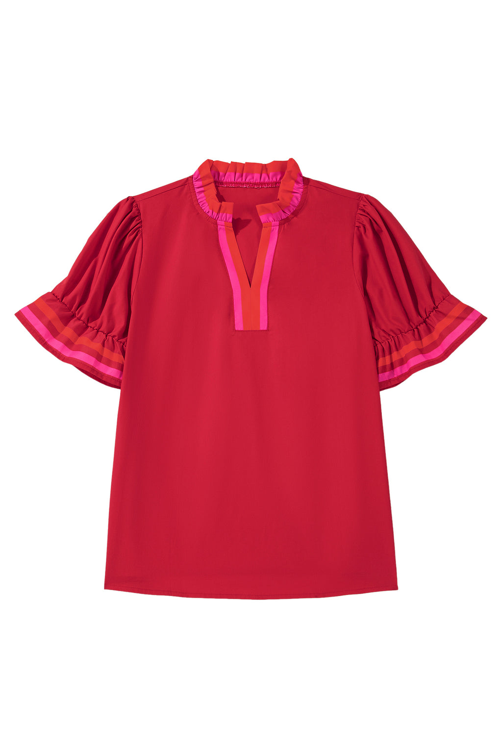 Fiery Red Striped Frilled Collar Ruffled Short Sleeve Blouse