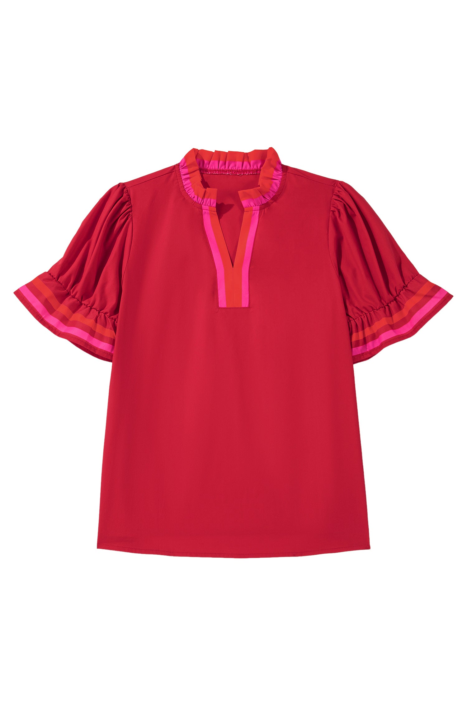 Fiery Red Striped Frilled Collar Ruffled Short Sleeve Blouse