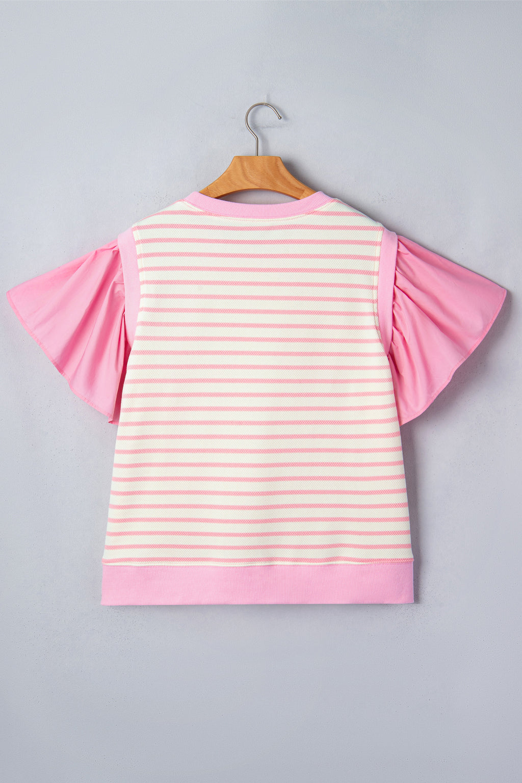 Pink Stripe Ruffled Short Sleeve Patchwork Blouse