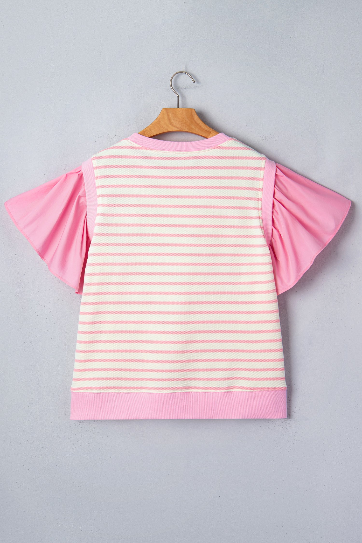 Pink Stripe Ruffled Short Sleeve Patchwork Blouse