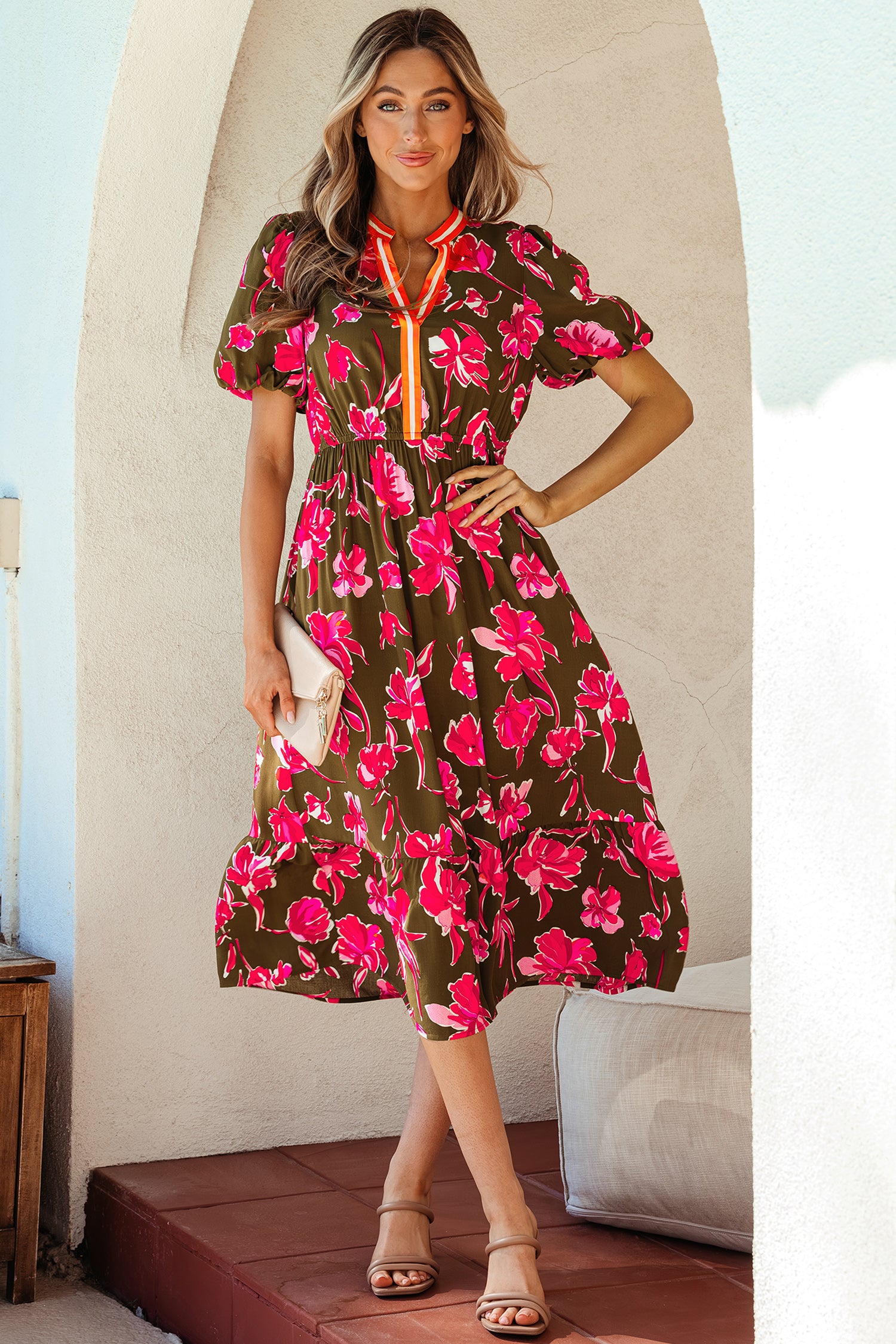 Green Floral Print Striped Trim Split Neck Short Puff Sleeve Ruffle Hem Maxi Dress