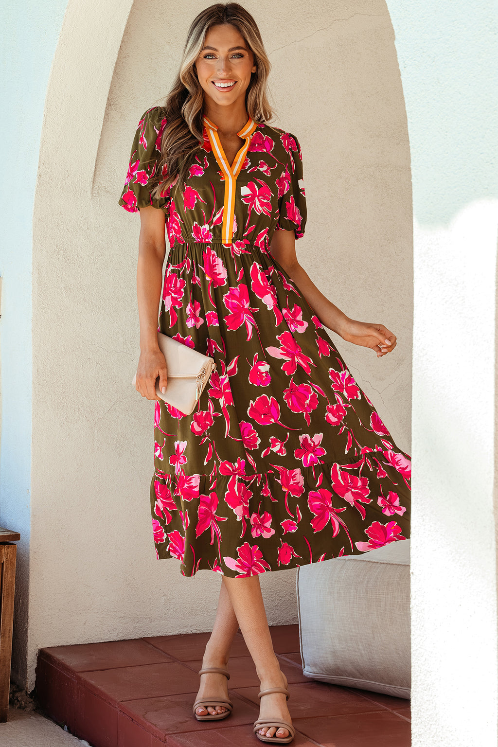 Green Floral Print Striped Trim Split Neck Short Puff Sleeve Ruffle Hem Maxi Dress