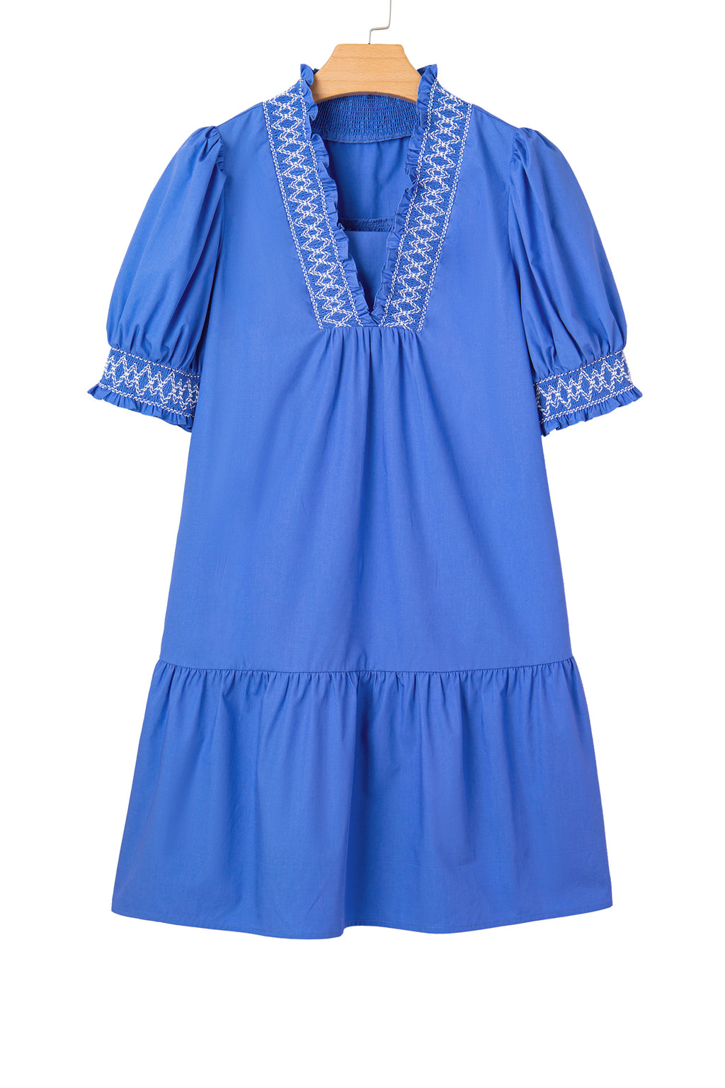 Sky Blue Embroidered Smocked Detail V Neck Short Puff Sleeve Mini Dress