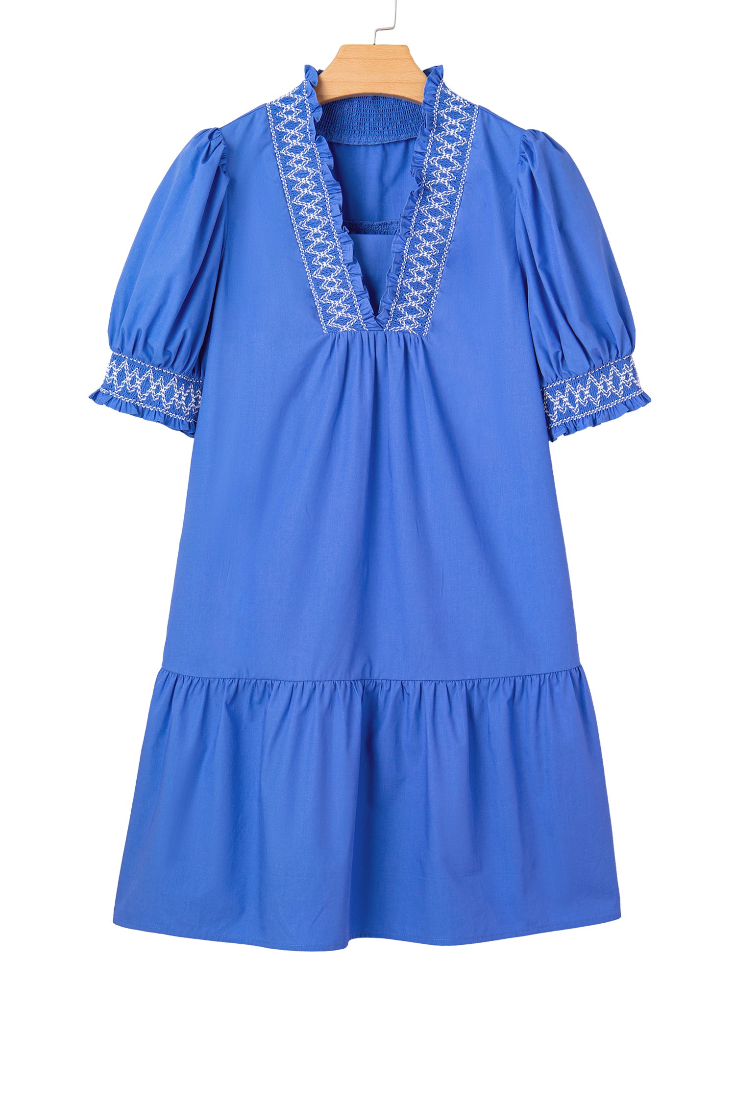 Sky Blue Embroidered Smocked Detail V Neck Short Puff Sleeve Mini Dress