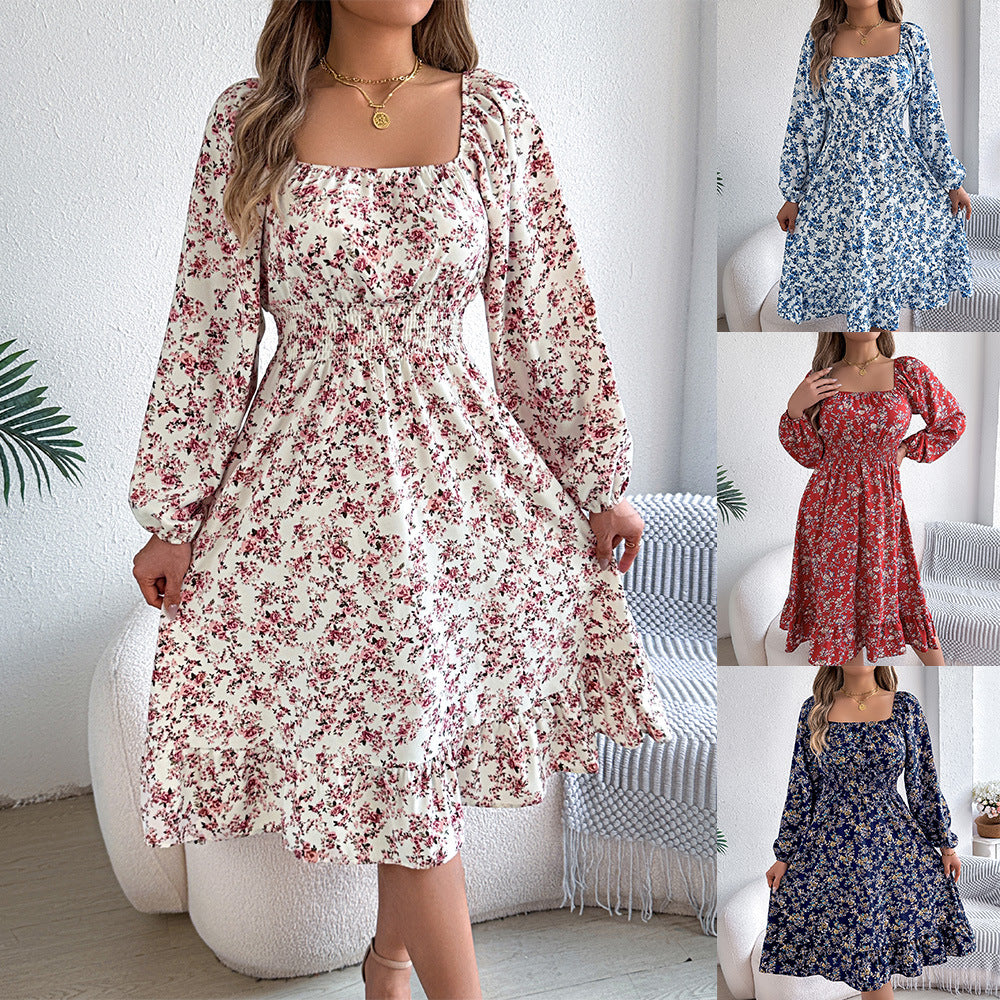 Elegant Floral Waist-cinched Dress With Ruffled Hem