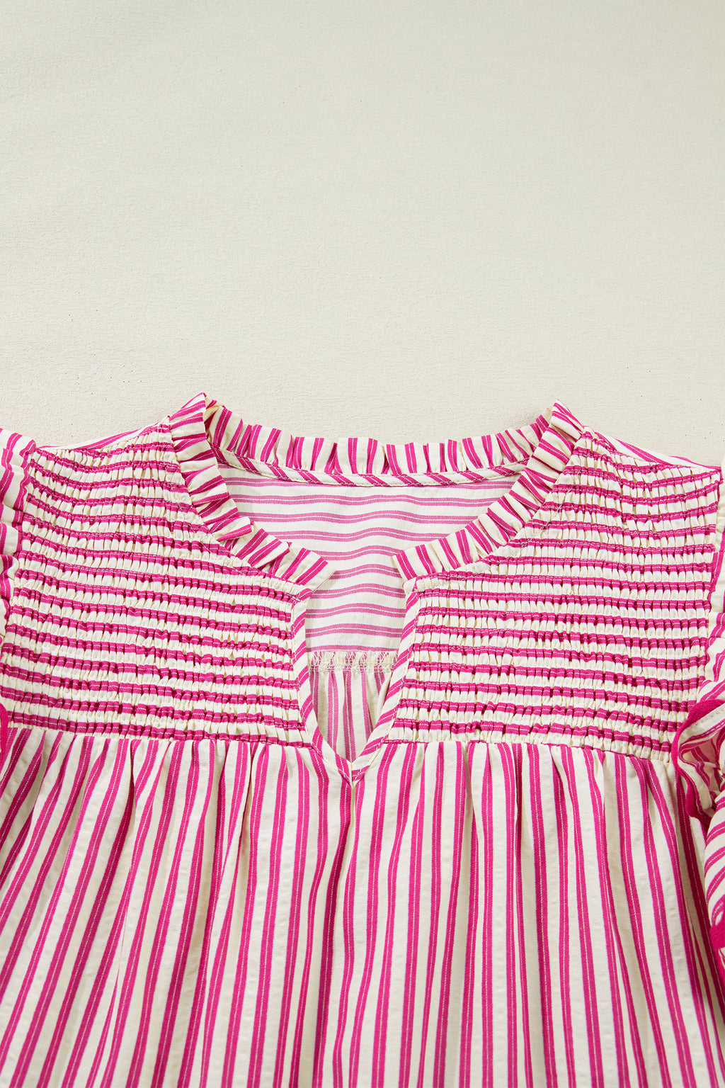 Rose Stripe Shirred Yoke Ruffled Short Sleeve Blouse