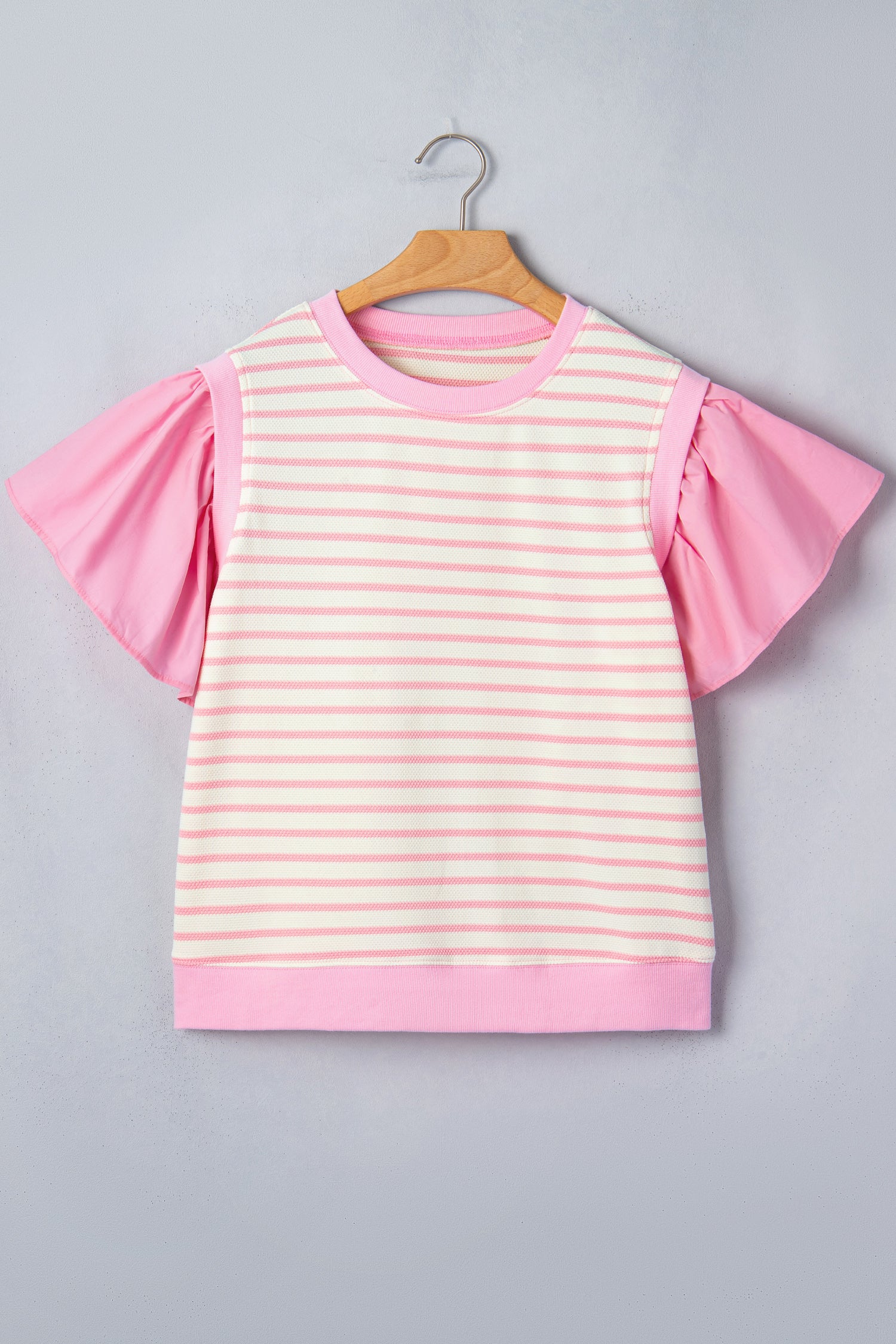 Pink Stripe Ruffled Short Sleeve Patchwork Blouse
