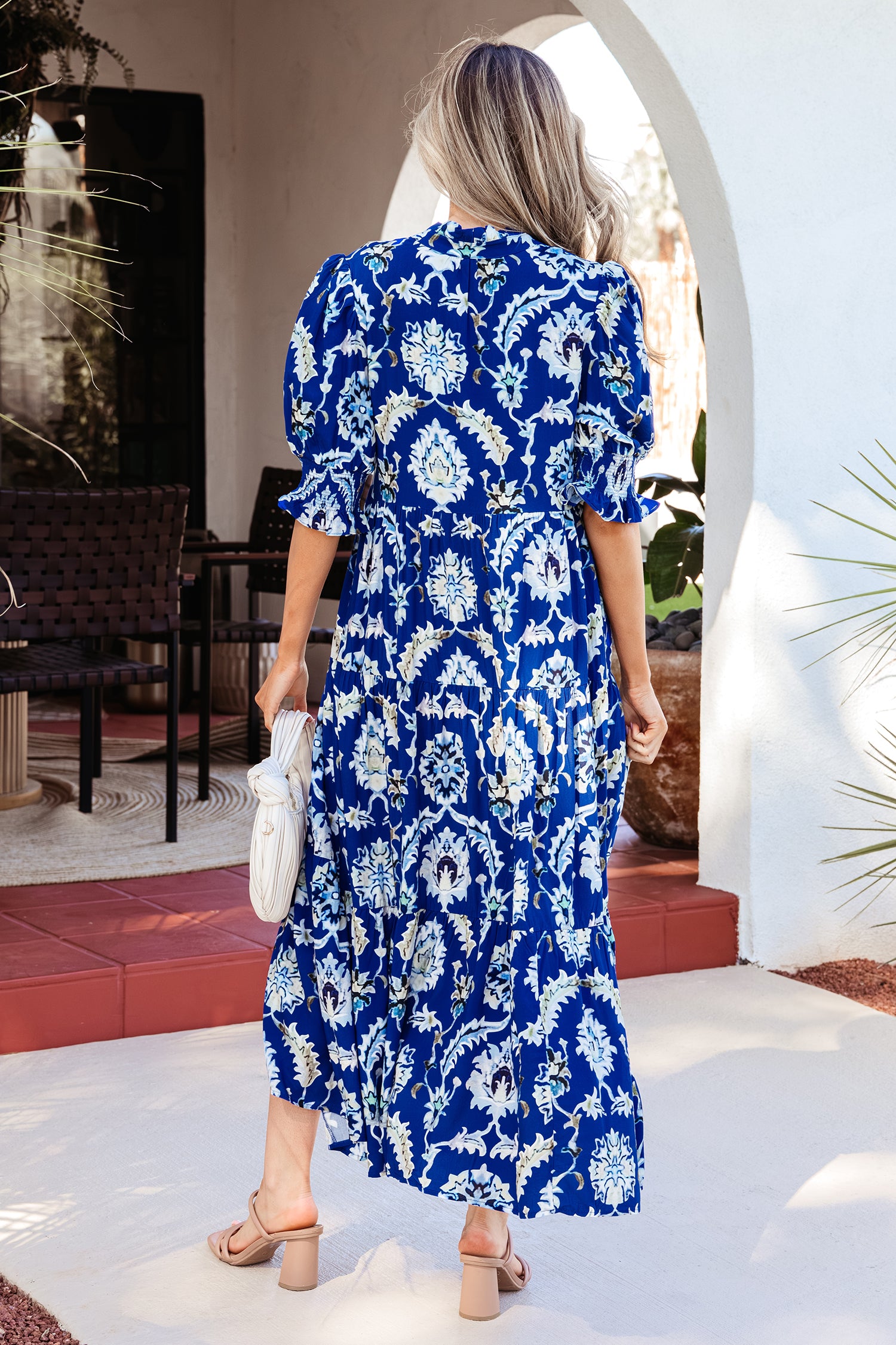 Blue Wild Floral Print Frilled Collar Half Sleeve Long Dress