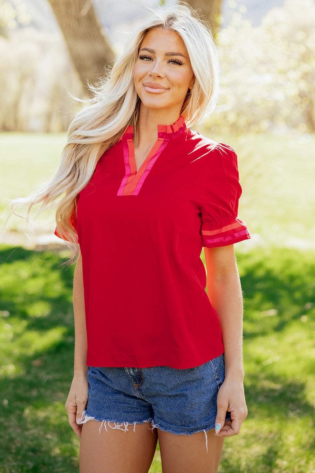 Fiery Red Striped Frilled Collar Ruffled Short Sleeve Blouse