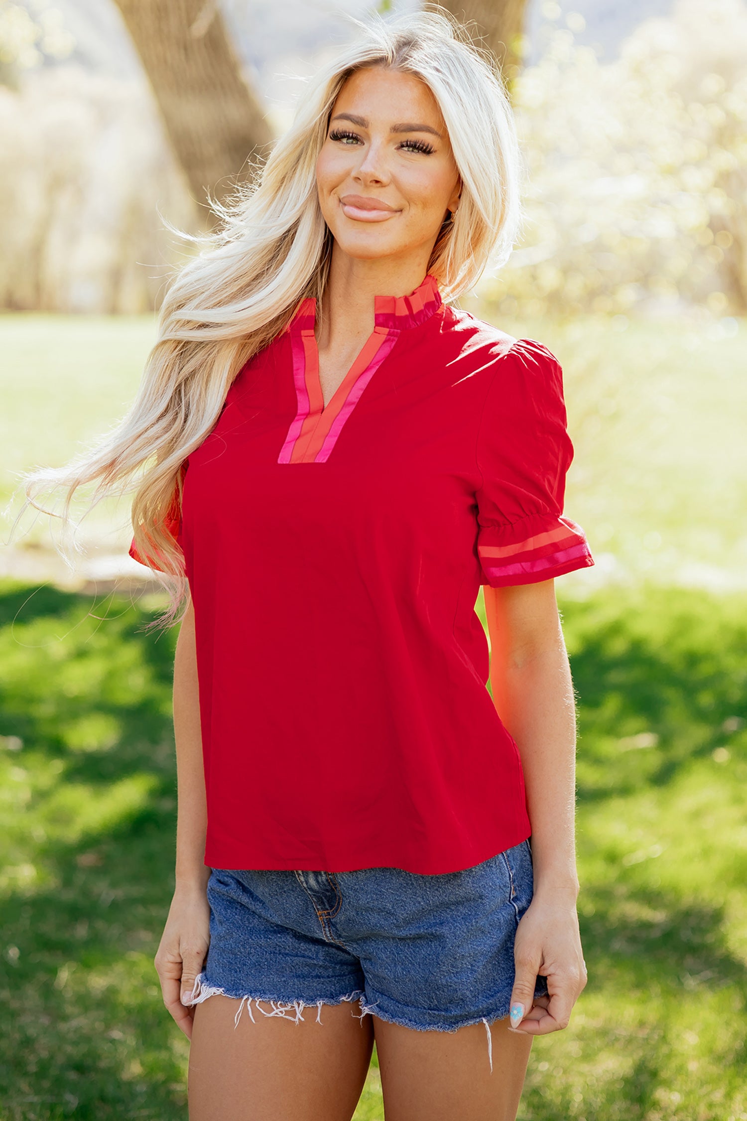 Fiery Red Striped Frilled Collar Ruffled Short Sleeve Blouse