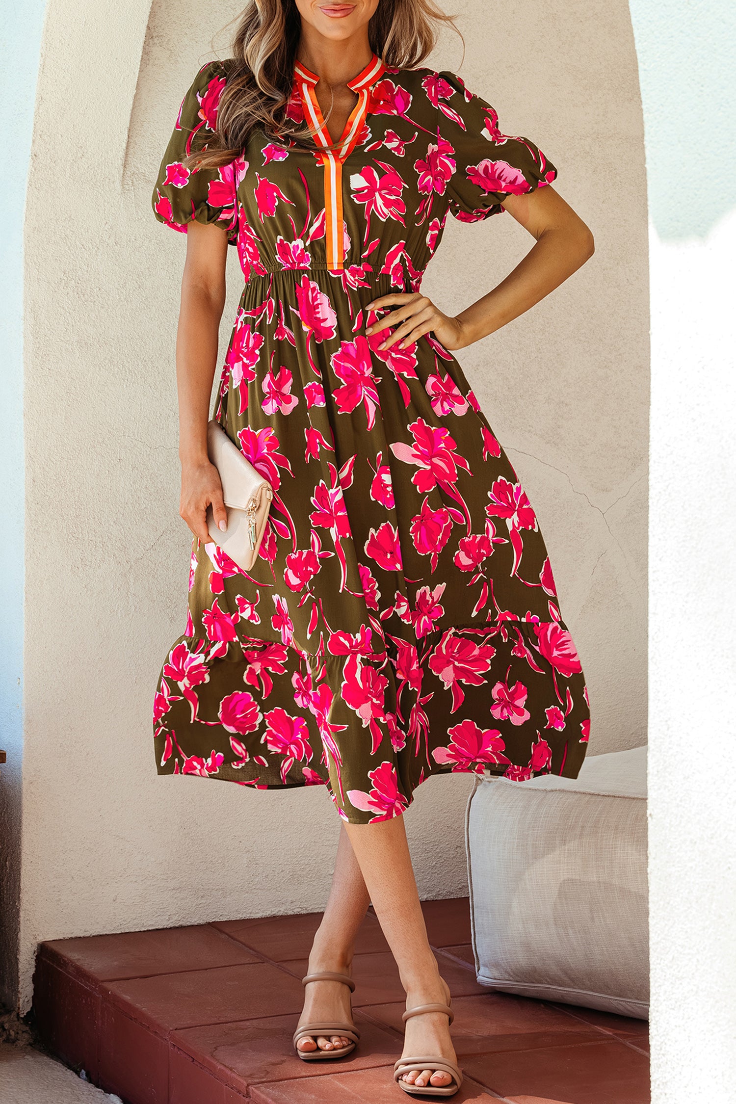 Green Floral Print Striped Trim Split Neck Short Puff Sleeve Ruffle Hem Maxi Dress