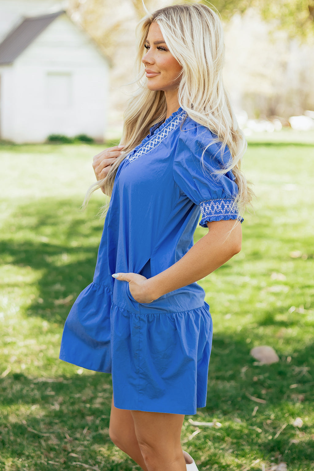 Sky Blue Embroidered Smocked Detail V Neck Short Puff Sleeve Mini Dress
