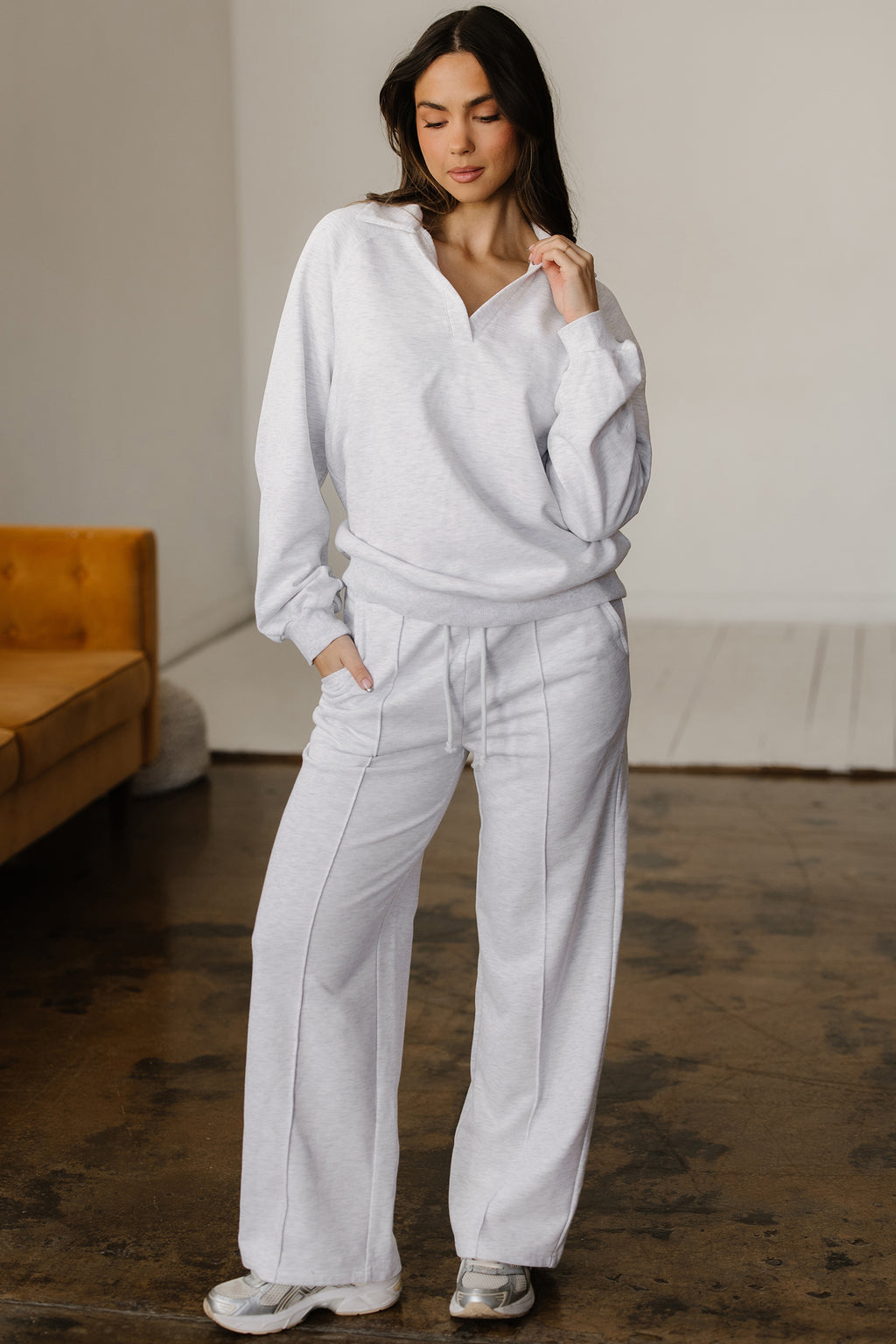 Light Grey Polo Collar V Neck Pullover and Drawstring Sweatpants Set