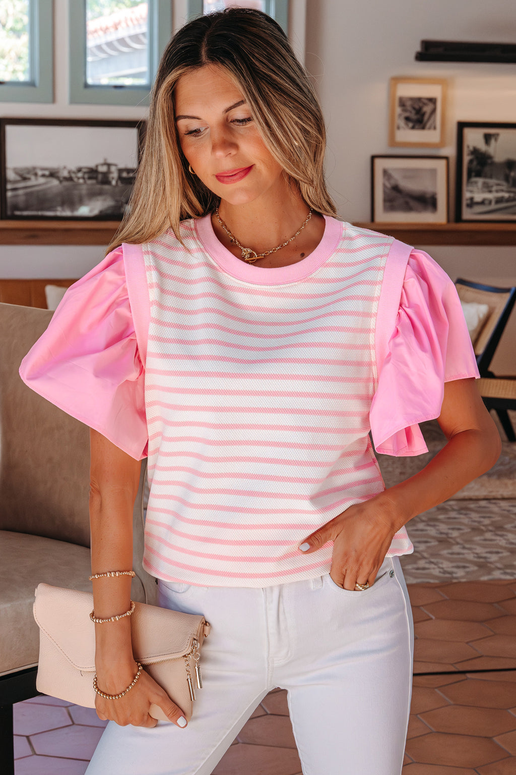 Pink Stripe Ruffled Short Sleeve Patchwork Blouse