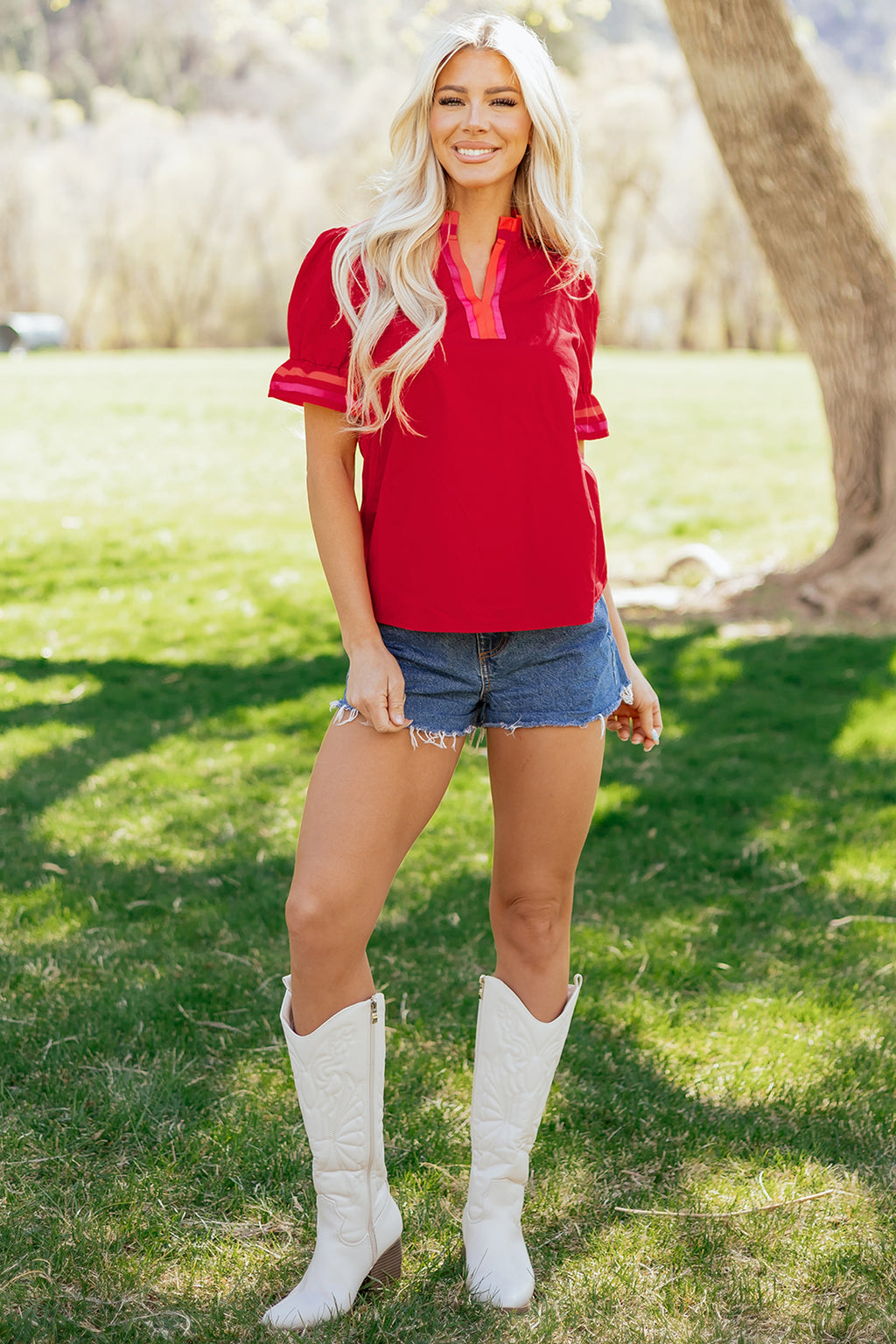 Fiery Red Striped Frilled Collar Ruffled Short Sleeve Blouse