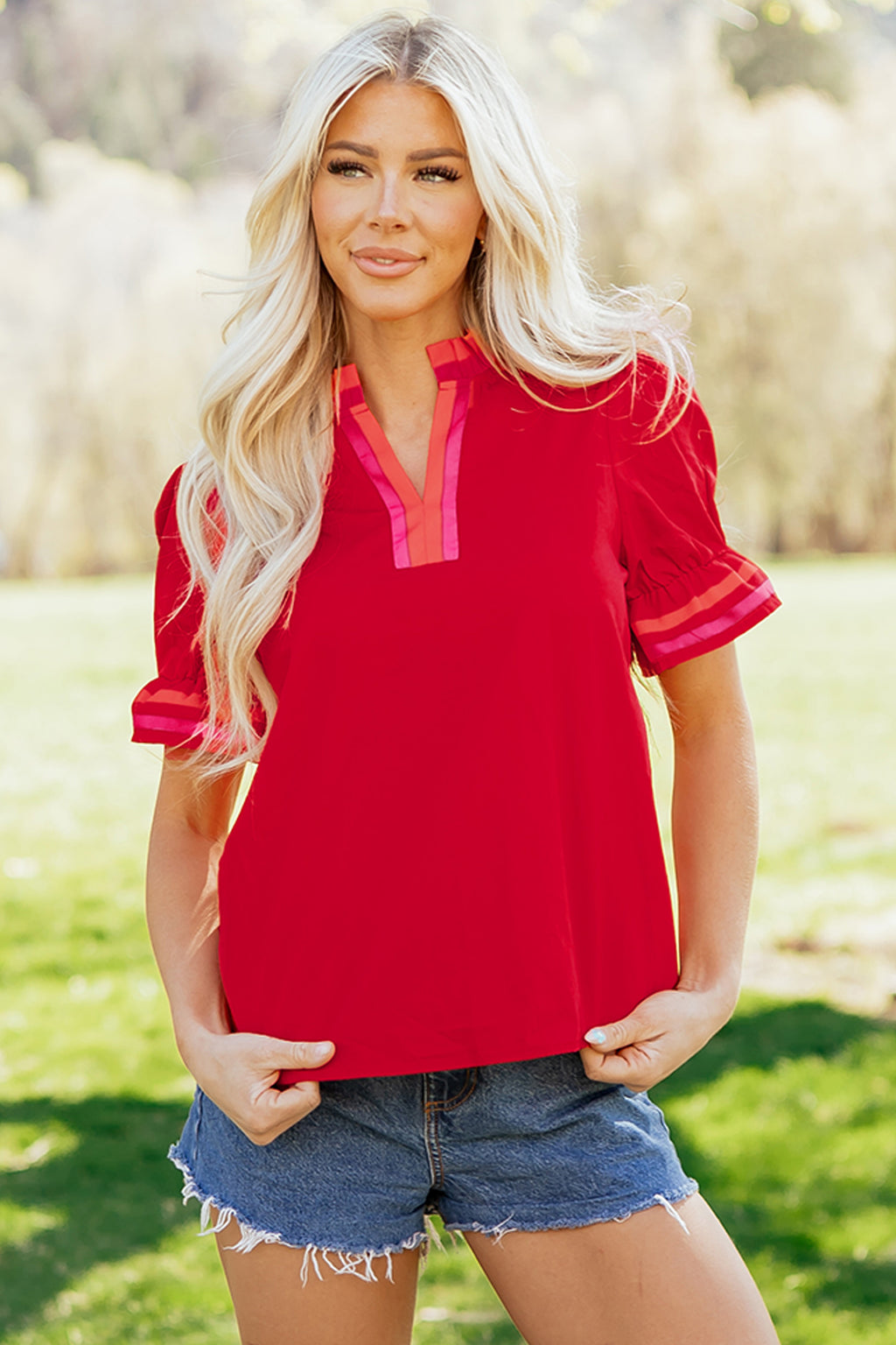 Fiery Red Striped Frilled Collar Ruffled Short Sleeve Blouse