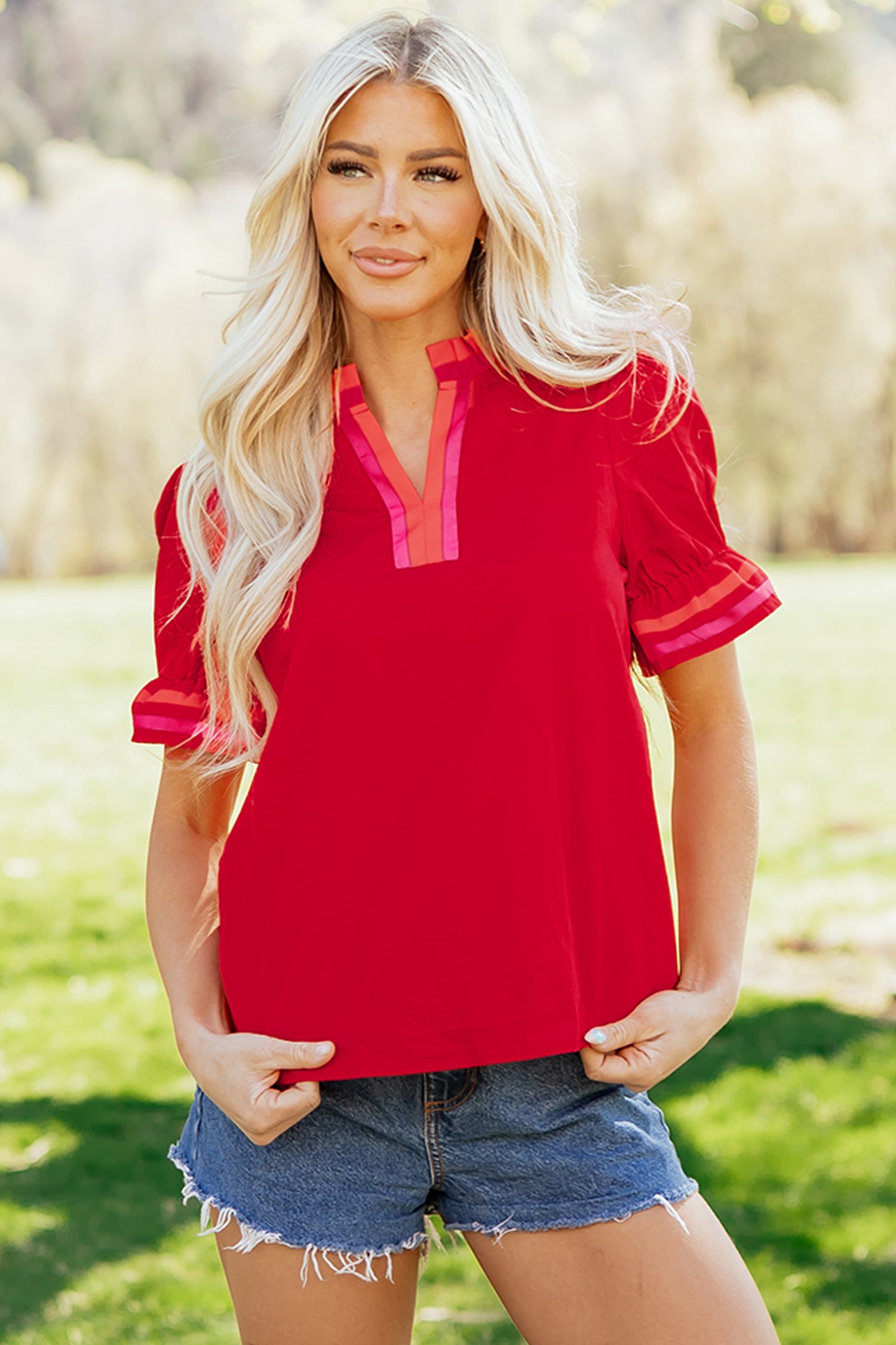 Fiery Red Striped Frilled Collar Ruffled Short Sleeve Blouse