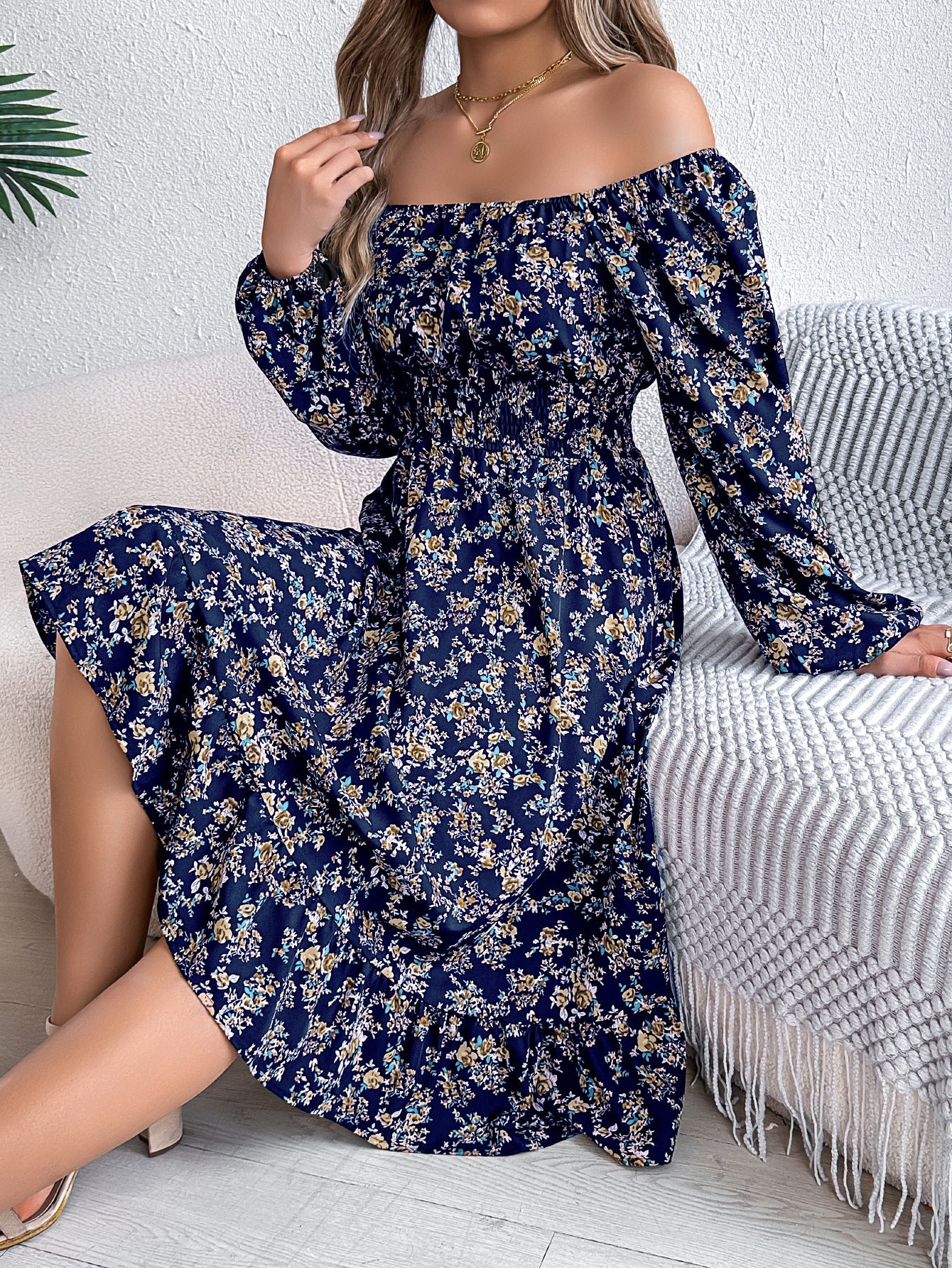 Elegant Floral Waist-cinched Dress With Ruffled Hem
