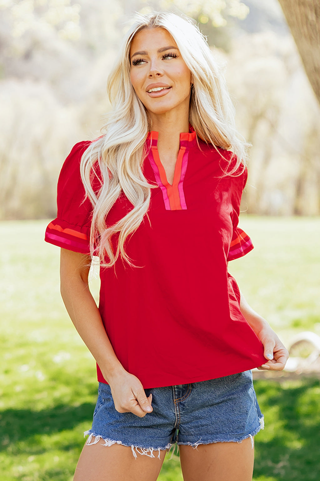 Fiery Red Striped Frilled Collar Ruffled Short Sleeve Blouse