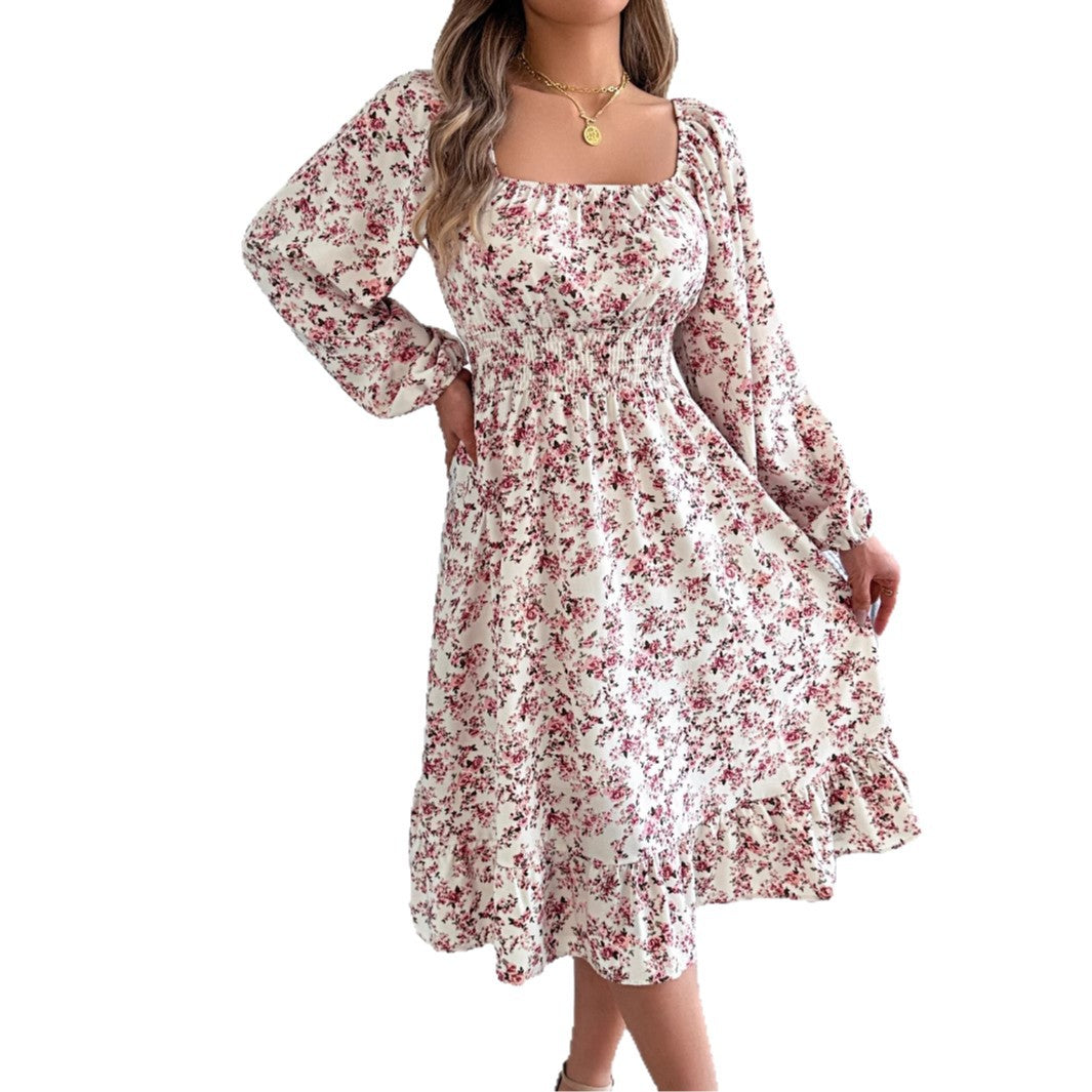 Elegant Floral Waist-cinched Dress With Ruffled Hem